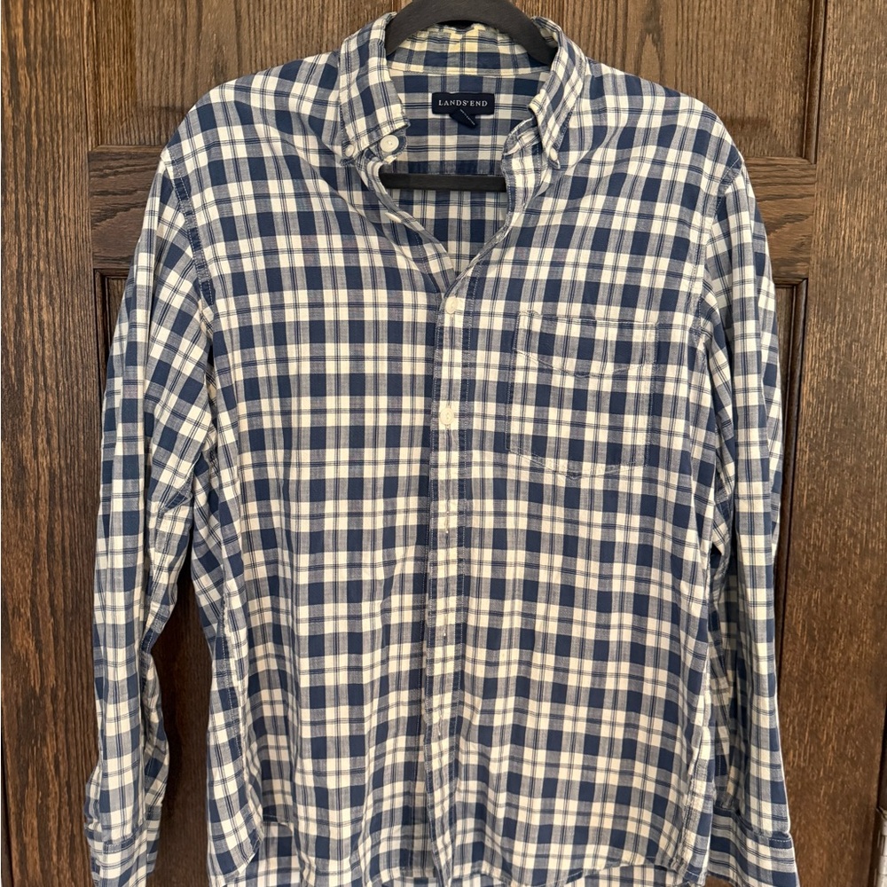 Lands' End Navy and White Checkered Shirt